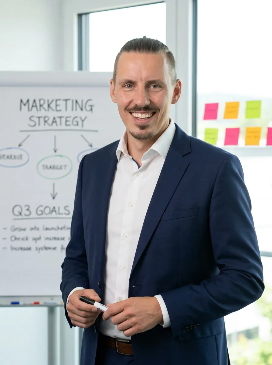 Michel Eichler vor einem Whiteboard mit Marketing-Strategie