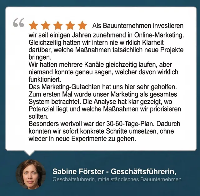 Kundenstimme Sabine Förster – Geschäftsführerin, mittelständisches Bauunternehmen